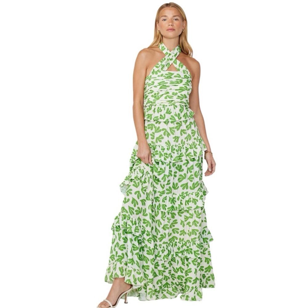 NEW Kitri Romily Green Leaf Print Maxi Dress Halterneck Size 2